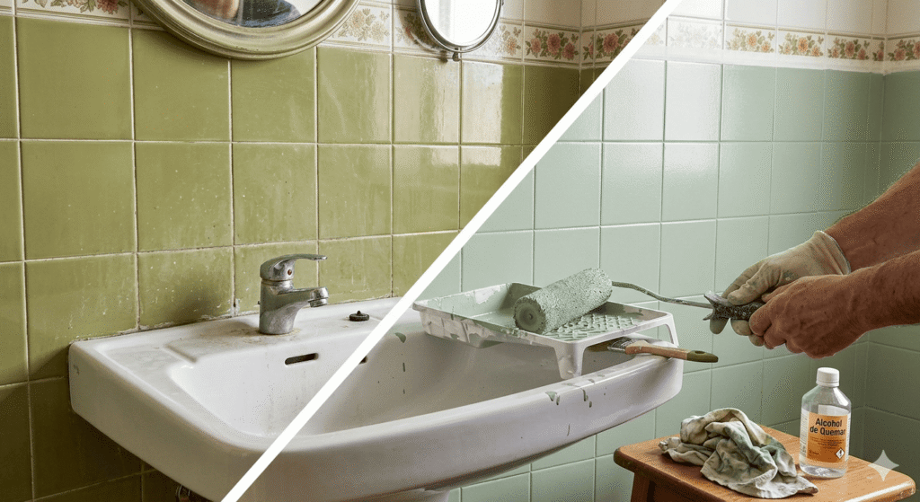 Baño antes y después de pintar azulejo